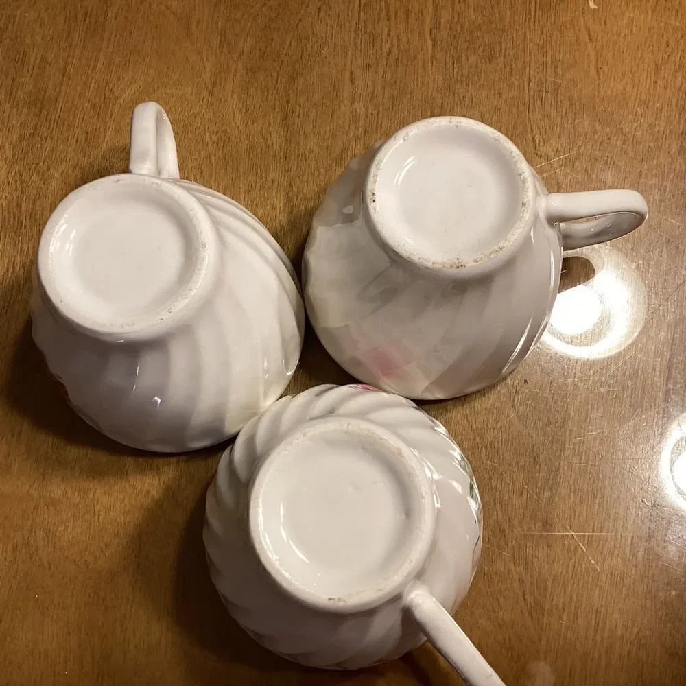 Set of 3 White China with Rose Print Tea/Coffee Cups